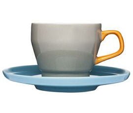 Grey cup with blue saucer