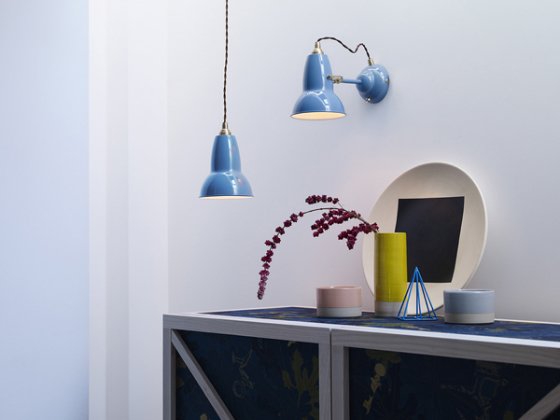 Anglepoise Original 1227 Brass Collection Pendant and Wall Lights in Dusty Blue with vignette of colourful contemporary ceramics