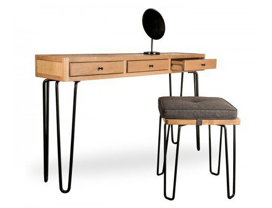 Oak console table and stool with black hairpin legs and round mirror 