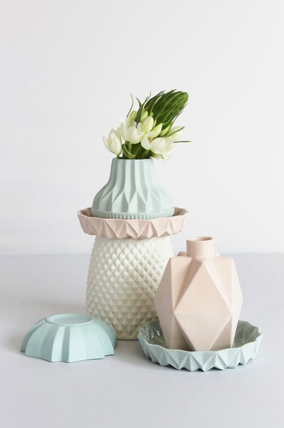 White, blue and pink pastel geometric faceted contemporary ceramic vases and vessels by Lenneke Wispelwey