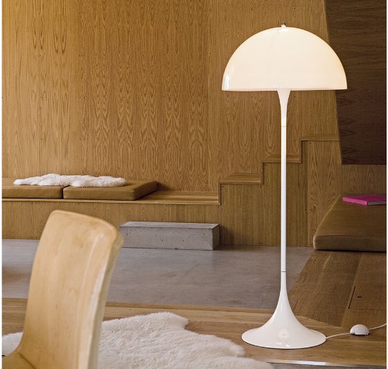 Panthella Floor Lamp by Verner Panton against wood floor with white rug
