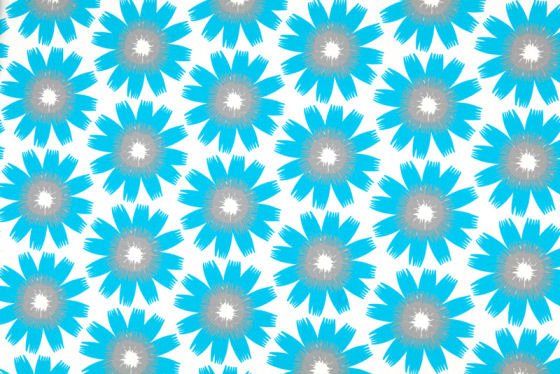 Colourful fextile design with blue and grey graphic flowers on white ground