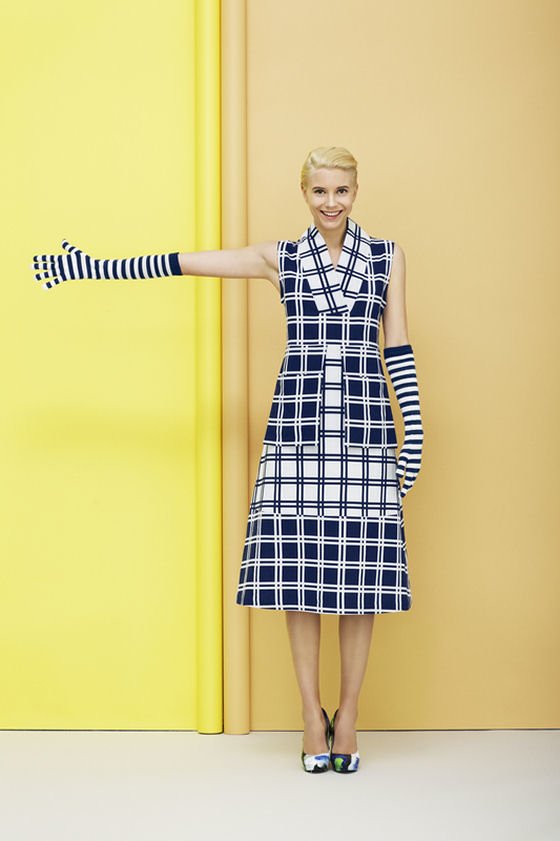 Black and white square Marimekko design dress with striped gloves
