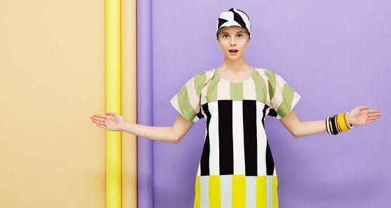 Bold striped Marimekko dress in black, white, yellow and green