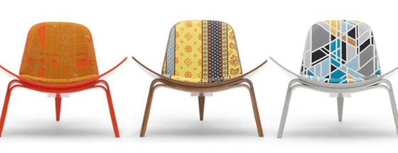 3 Hans Wegner Shell Chairs in colourful Maharam fabrics for The Shell Chair Project