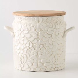Verdant Bread Bin Off white flower encrusted ceramic bread bin from Anthropologie