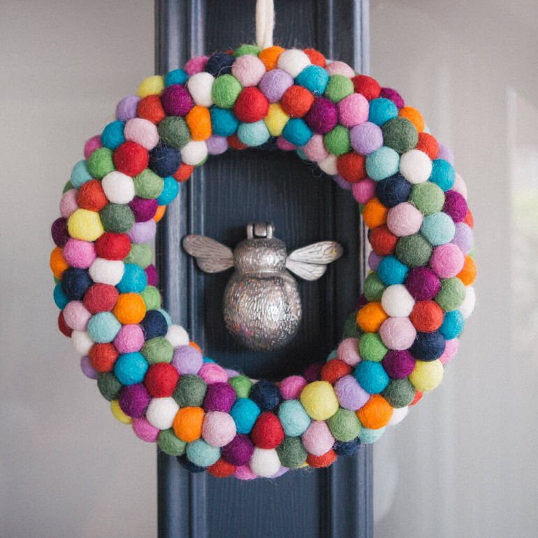Alternative Christmas Wreath, contemporary Rainbow Felt Ball Door Wreath