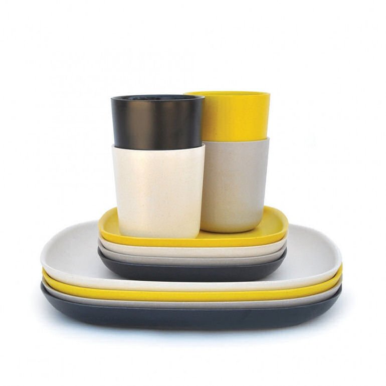 Ekobo colourful bamboo picnic set of picnic cups and plates in grey and yellow