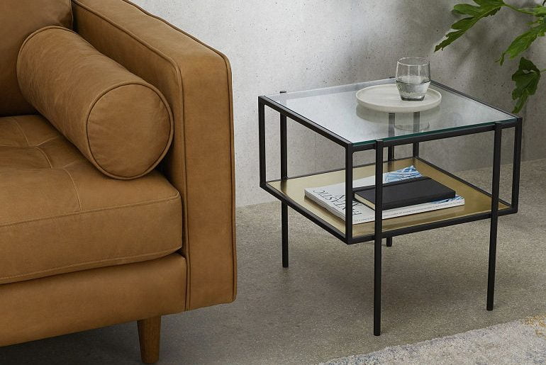 Brass and glass side table with storage shelf