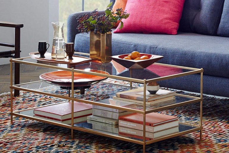 contemporary glass coffee table with shelves for small spaces