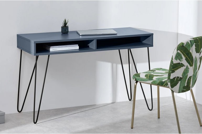Elona Console Desk in slate blue with black hairpin legs