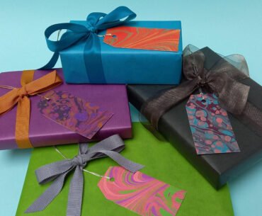 Colourful gifts with contemporary Marbled Gift Tags by Aqua Handmade Books
