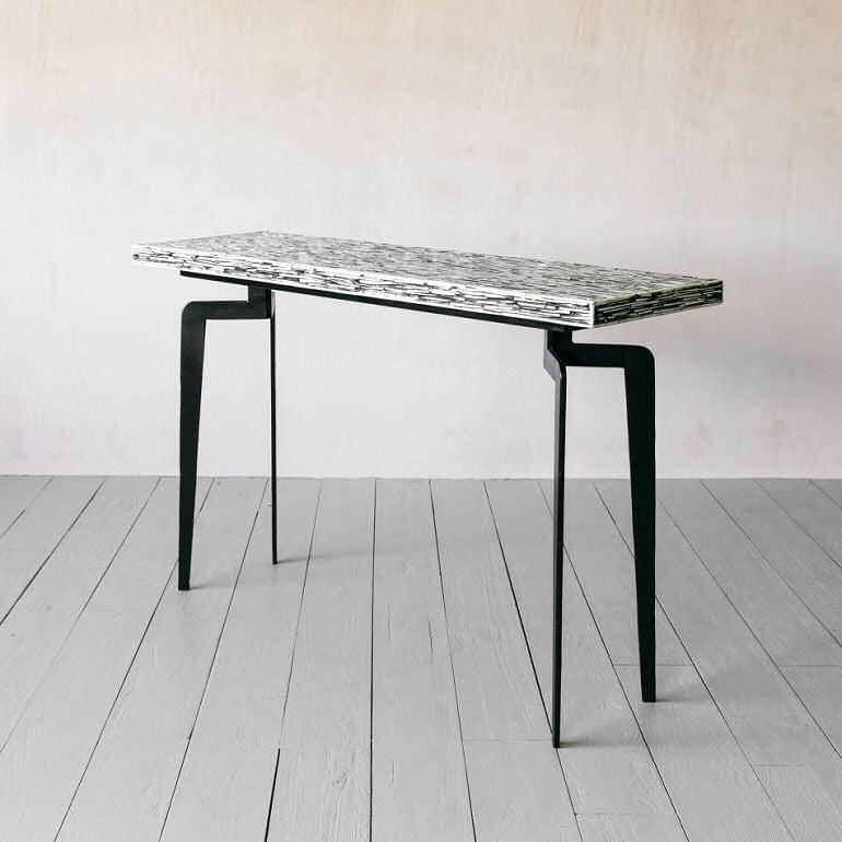Malique Bone Inlay Narrow Console Table with black metal legs