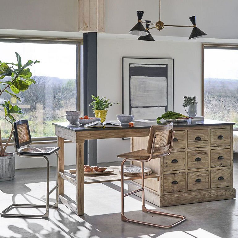 Graham & Green kitchen island with storage drawers & shelf and chrome and wood bar stools 