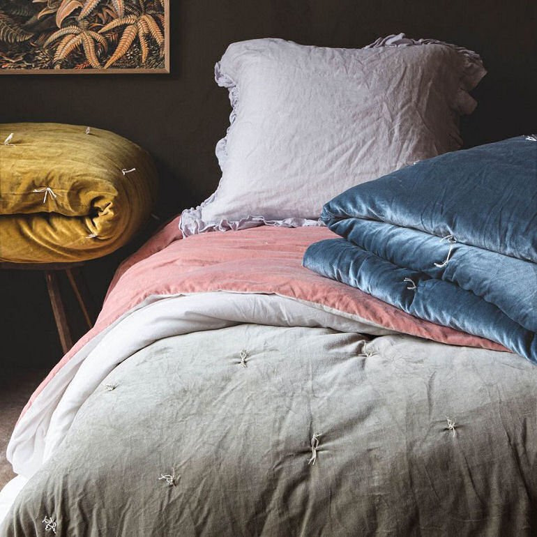 Graham & Green Pebble Velvet King Size quilts in blue, pink and mustard