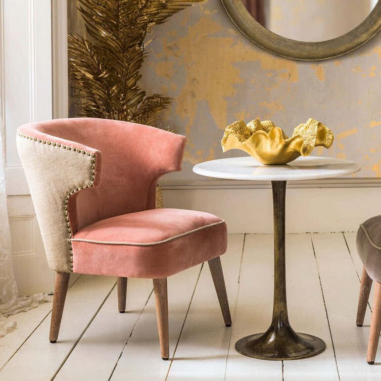 Audrey Rose blush velvet and linen occasional chair with brass stud detail