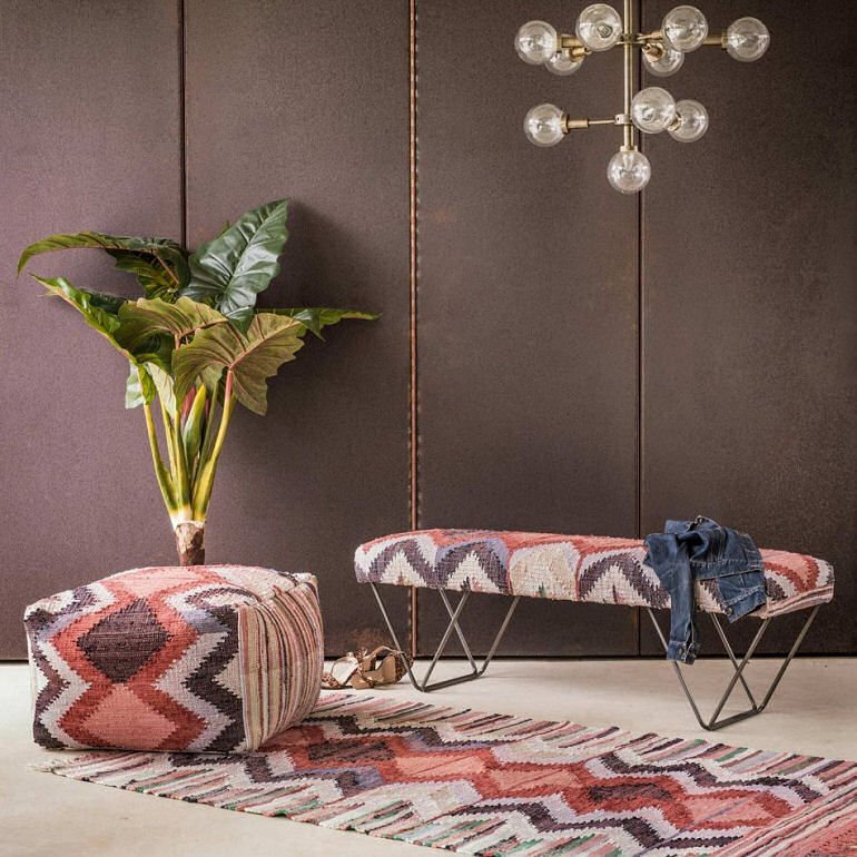 Karim Recycled Cotton pouffe, bench and rug in pink, coral and grey