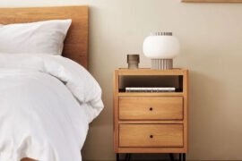 Heal's Brunel oak bedside table with shelf and drawers