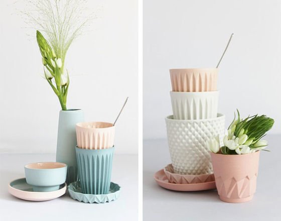 White, blue and pink pastel geometric faceted ceramic vases and vessels by Lenneke Wispelwey
