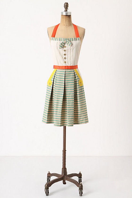 anthropologie Bahia colourful apron with green stripes and orange and yellow accents