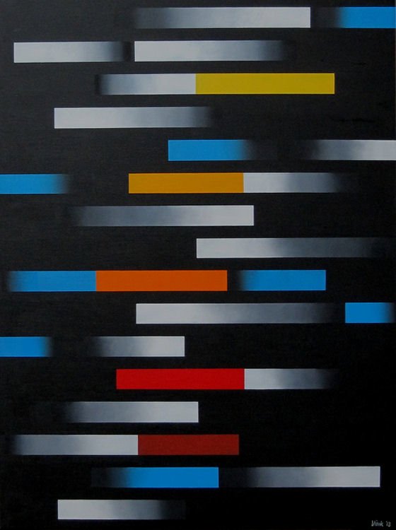 Abstract painting of grey and coloured shaded blocks on black