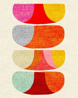 Atmosphere Contemporary abstract print with multicolour jellybean shapes in oragne, pink, yellow and green