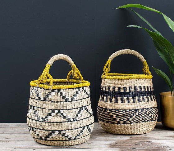 Woven decorative home storage baskets with handles in black, white and yellow