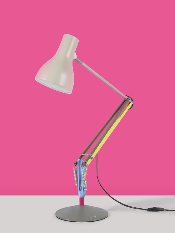 Special Edition Anglepoise + Paul Smith Type75 lamp against hot pink background