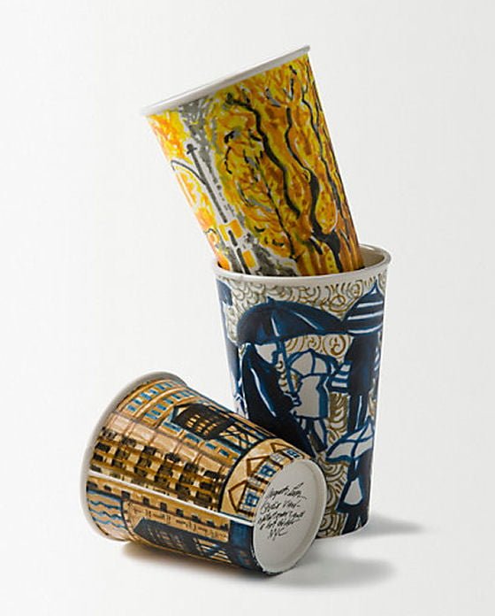 Porcelain coffee cups with painted scenes by Gwyneth Leece