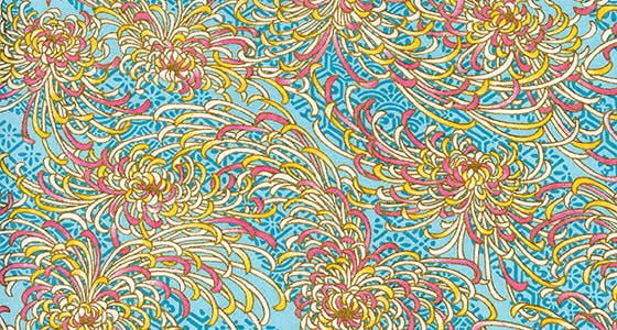 Turquoise Chiyogami paper with pink and yellow chrysanthemums