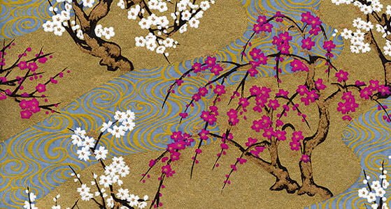 Decorative paper with pink and white blossom trees