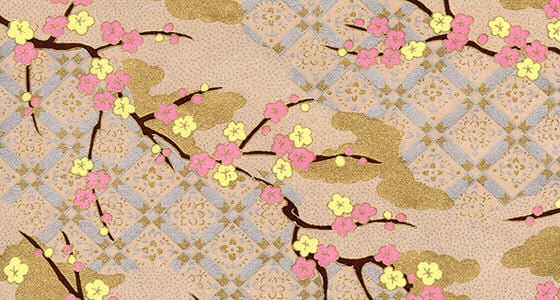 Yellow and pink blossoms on trellis background