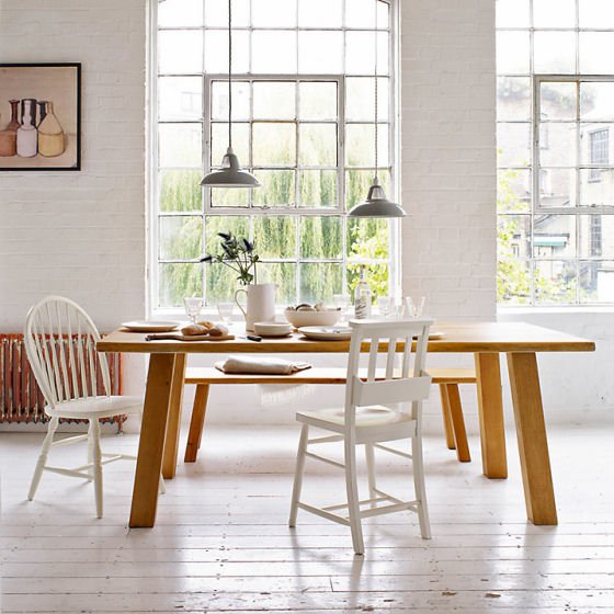 Glendale oak dining table and bench John lewis Glendale oak dining table and bench with white chairs in light-filled contemporary space