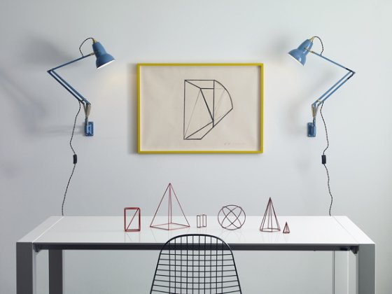 2 blue Anglepoise Original 1227 Brass Collection Wallmounted Lamps with yellow picture frame and white desk