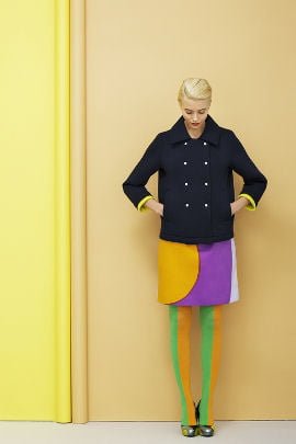 Purple and yellow skirt and navy jacket by Marimekko SS2013