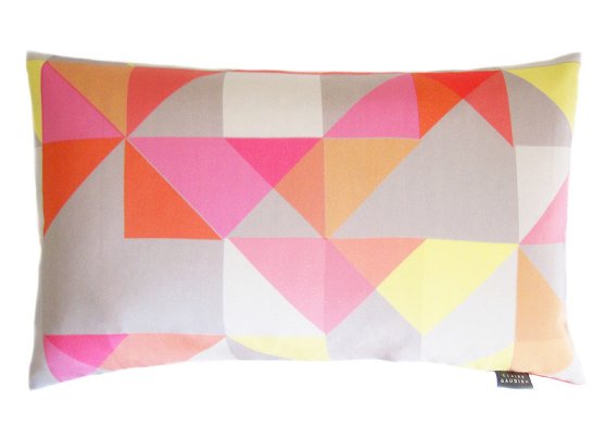 Pink, orange and grey geometric printed silk cushion by Claire Gaudion