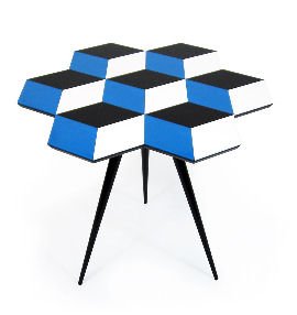 Rockman and Rockman side table Side table with 3D cube effect top in black, white and blue by Rockman and Rockman