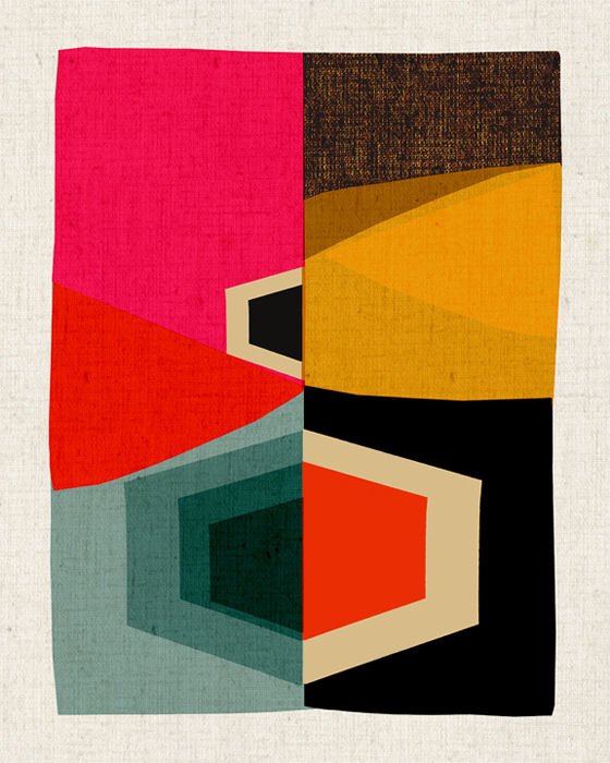 Brighly coloured modern abstract print with blocks of red,pink, black, yellow, brown and blue