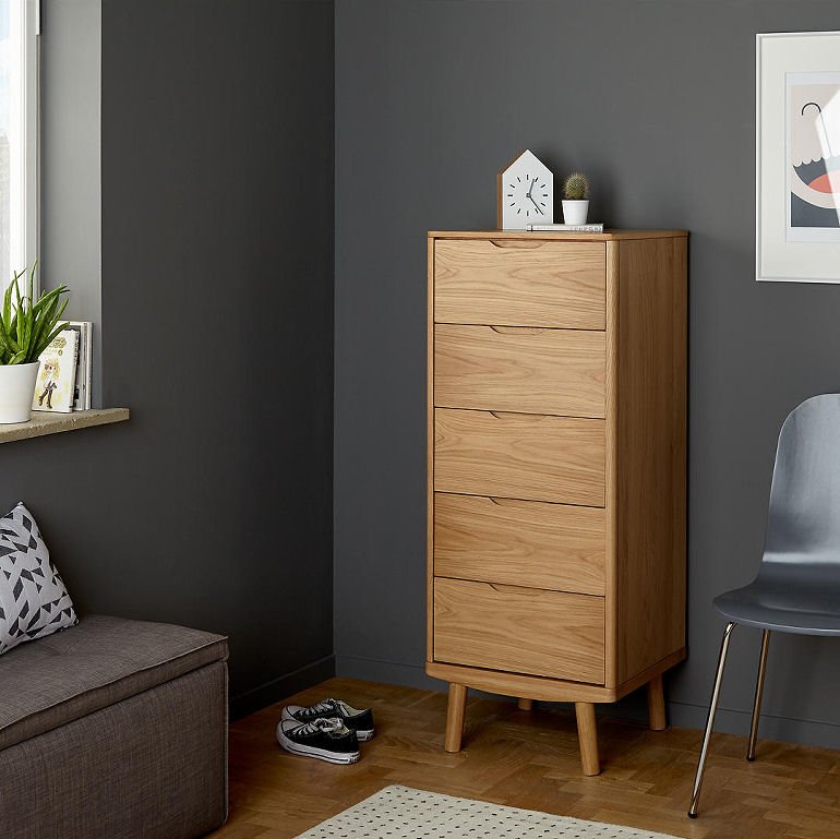 John Lewis Bow 5 Drawer Tall Boy chest of drawers for small spaces