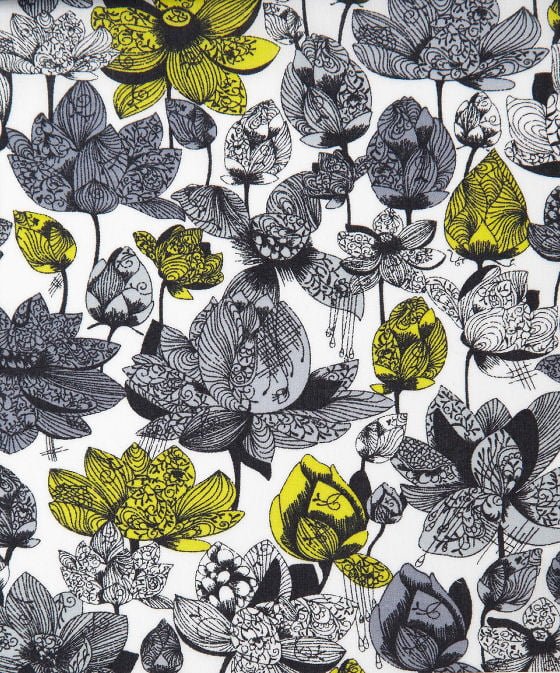 White, black and yellow textile design Asaka A for Liberty Art Fabrics 2014 collection