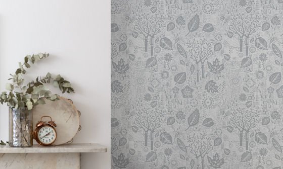 Autumn design wallpaper by Bold & Noble on wall next to fireplace