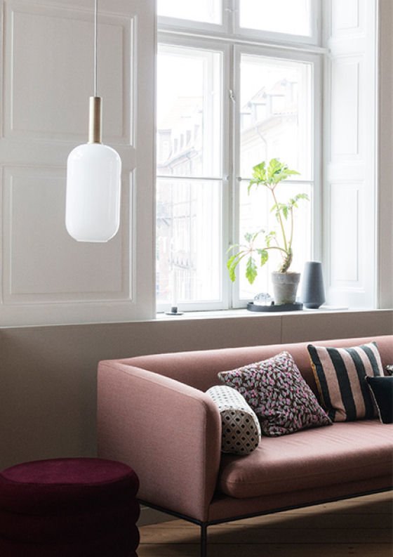 Ferm Living Collect Lighting Tall Opal Shade and Brass Socket with pink sofa