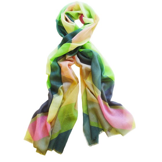 Pink and green patterned cashmere and wool scarf by Claire Gaudion
