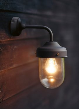 Garden Trading Barn Outdoor Light in Coffee Bean on brown wooden wall