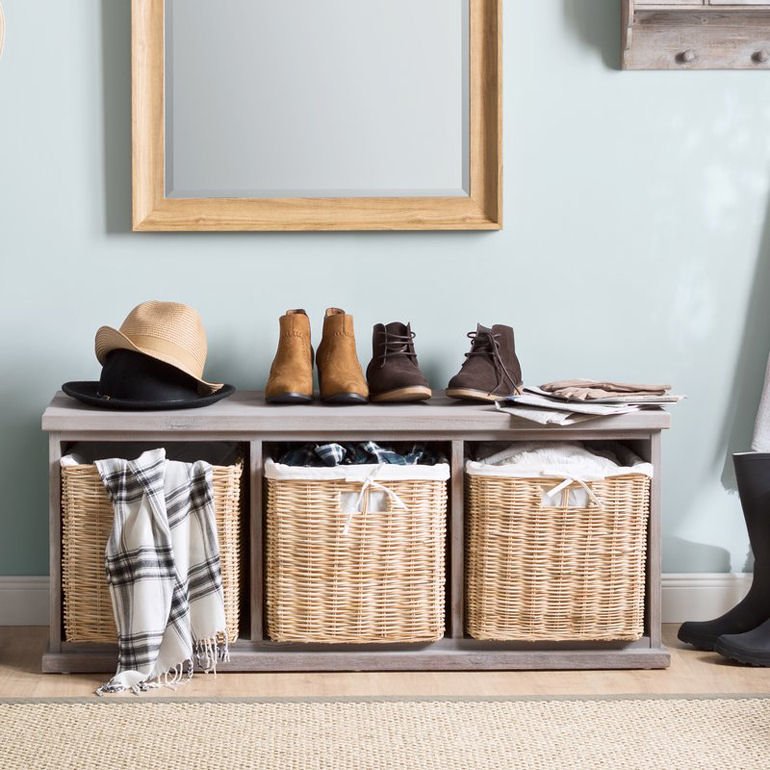 Wood hallway storage bench with baskets from Wayfair UK