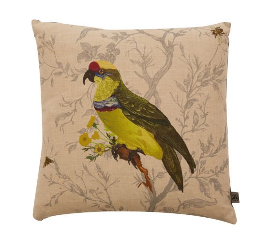 Beige linen cushion with yellow, green and red parrot design
