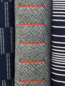 Graphic woven fabrics in grey, blue and white