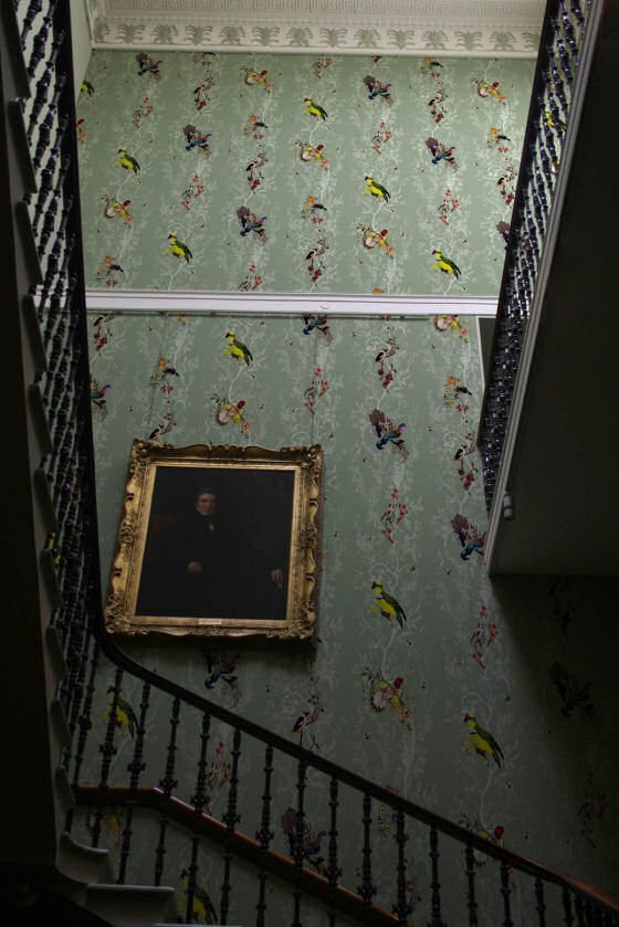 Birds n Bees Sage View up grand staircase of wall papered in Birds n Bees wallpaper design