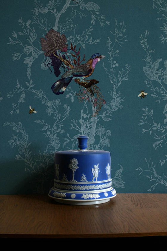 Birds n Bees Teal Close up of Timorous Beasties Birds n Bees wallpaper in Teal