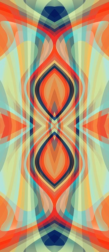 Brightly coloured graphic design wallpaper in orange, turquoise, green and navy
